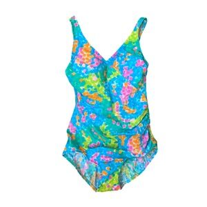 Sea Waves Sz 12 Abstract Mosaic Print One Piece Swimsuit Blue Green Pink V-Neck